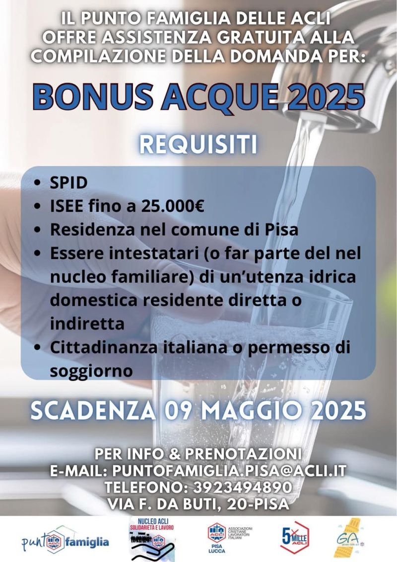 Assistenza gratuita alla compilazione della domanda per Bonus Acque 2025 - Acli Pisa e Lucca (PI)