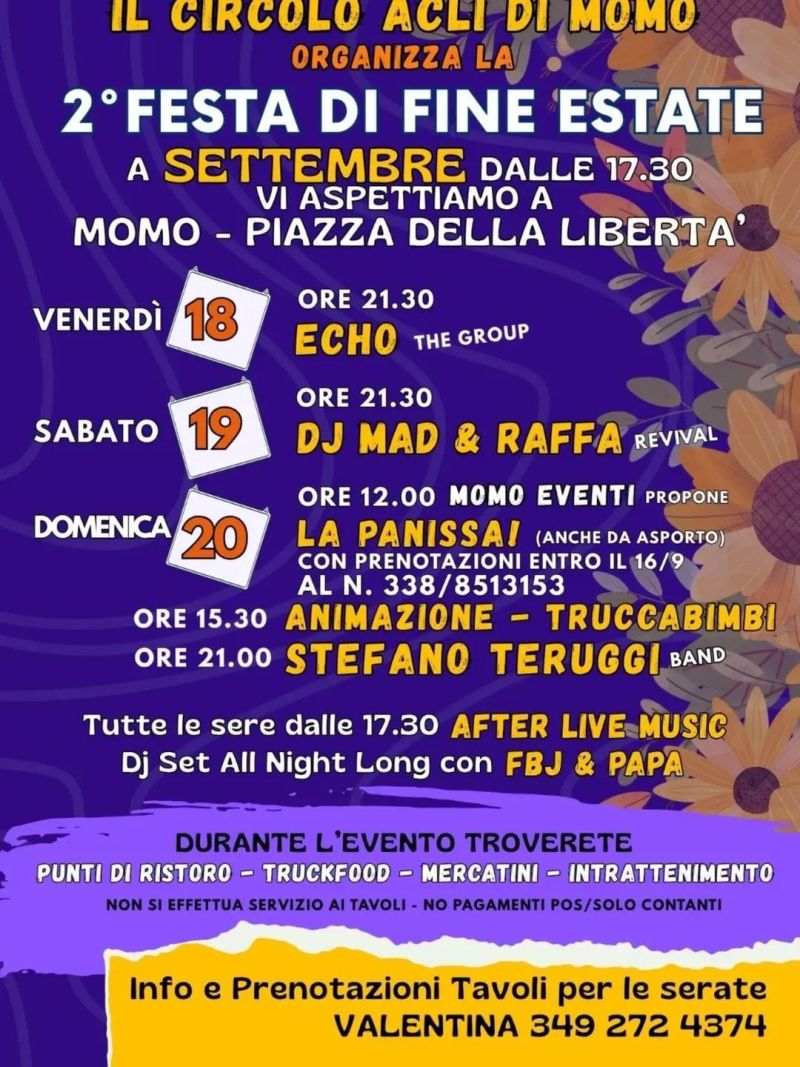 2° FESTA DI FINE ESTATE - MUSICA, ANIMAZIONE E CIBO - MOMO (NO) - CIRCOLO ACLI DI MOMO (NO)