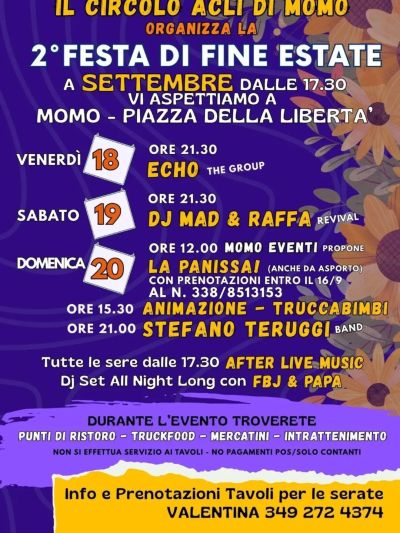 2° FESTA DI FINE ESTATE - MUSICA, ANIMAZIONE E CIBO - MOMO (NO) - CIRCOLO ACLI DI MOMO (NO)