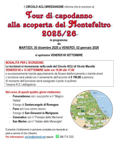 Aperte le iscrizione per il Tour di Capodanno alla scoperta del Montefeltro - Bressanone - Circolo Acli Bressanone (BZ)
