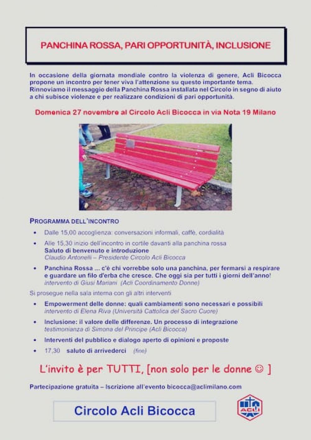 Panchina Rossa, Pari Opportunità, Inculsione - Circolo Acli Bicocca (MI)