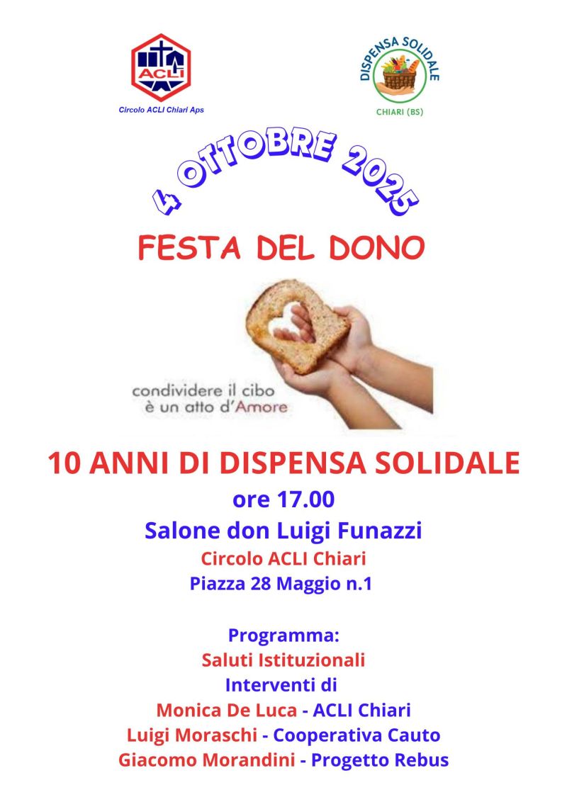 Festa del dono: 10 anni di dispensa solidale - Chirai (BS) - Circolo Acli Chiari (BS)