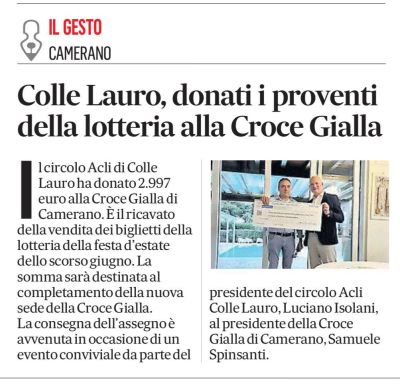 Colle Lauro, donati i proventi della lotteria all Croce Gialla - Camerano - Circolo Acli Colle Lauro (AN)