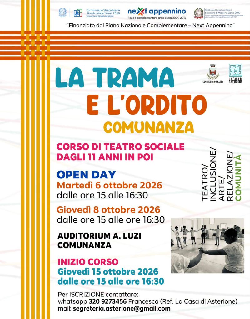 LA TRAMA E L'ORDITO - CORSO DI TEATRO SOCIALE DAGLI ANNI 11 IN POI - INZIO CORSO - COMUNANZA (AP) - ASS. LA CASA DI ASTERIONE AFFILIATI DI ACLI ARTE SPETTACOLO (AP)