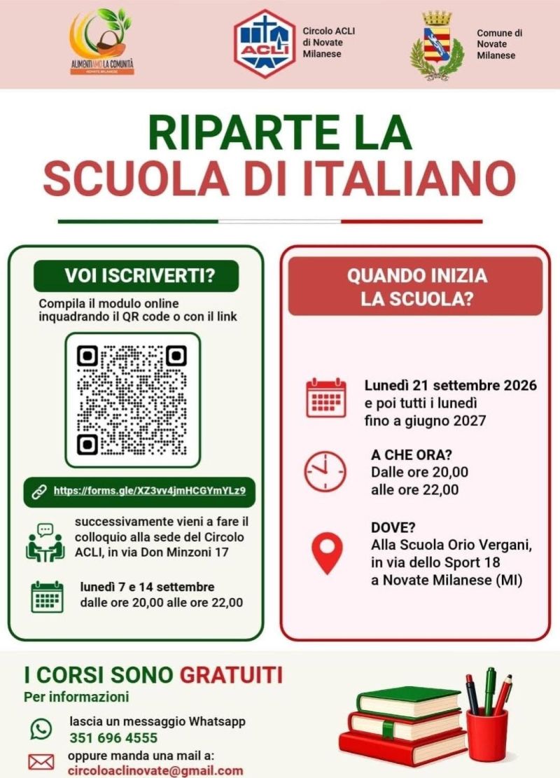 RIPARTE LA SCUOLA DI ITALIANO - CIRCOLO ACLI NOVATE MILANESE (MI)