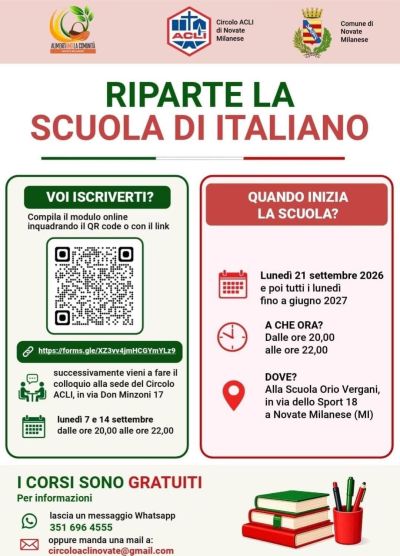 RIPARTE LA SCUOLA DI ITALIANO - CIRCOLO ACLI NOVATE MILANESE (MI)