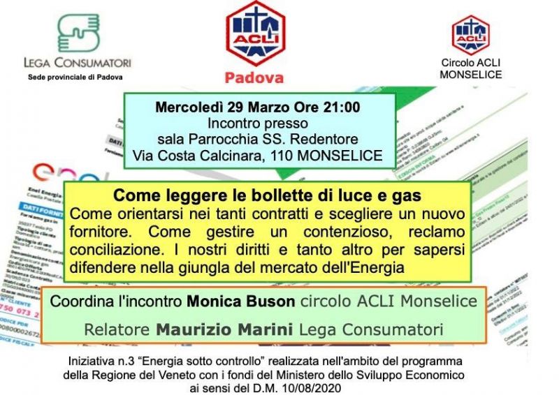 Come leggere le bollette di luce e gas - Acli Padova e Circolo Acli Monselice (PD)