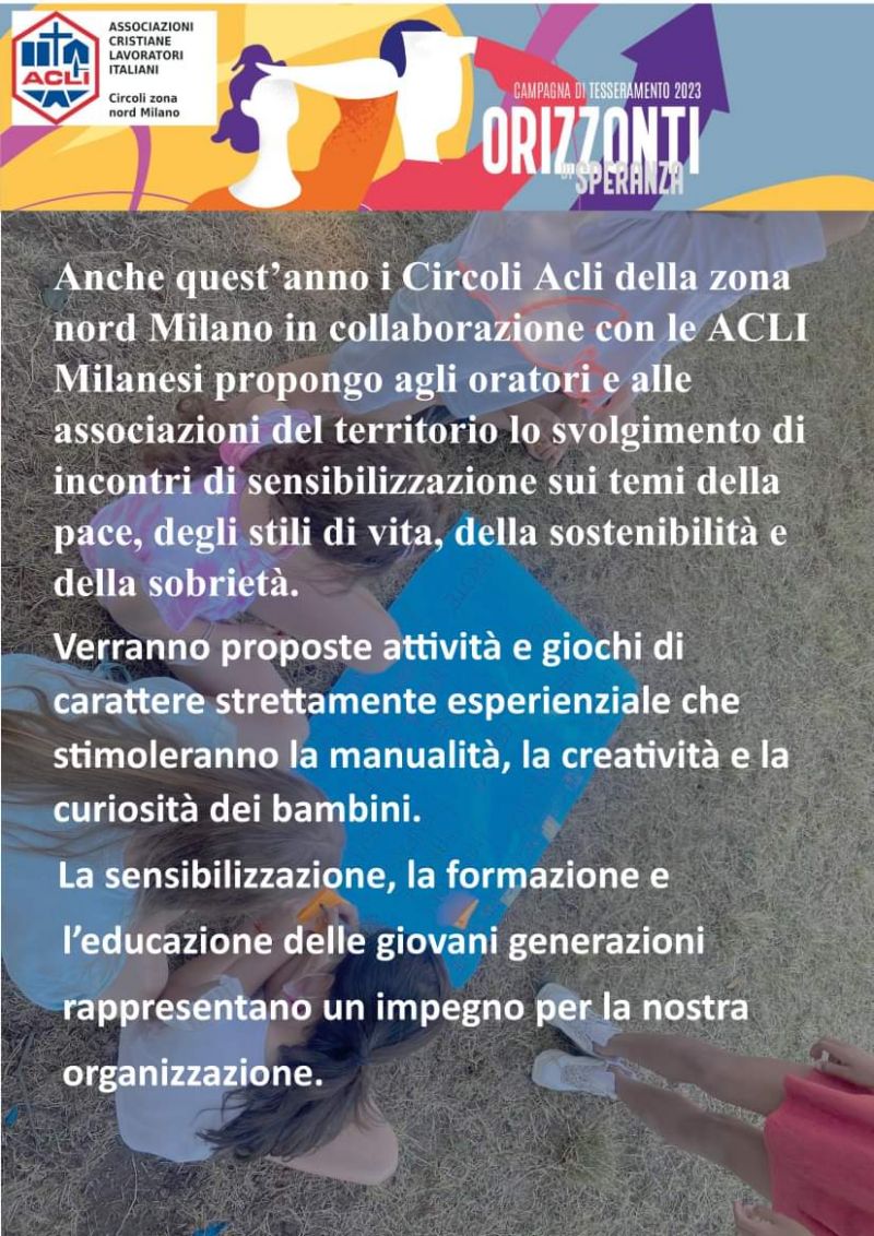 Incontri di sensibilizzazione sul tema della pace, degli stili di vita, della sostenibilità e della sobrietà - Circoli Acli Zona Nord Milano (MI)