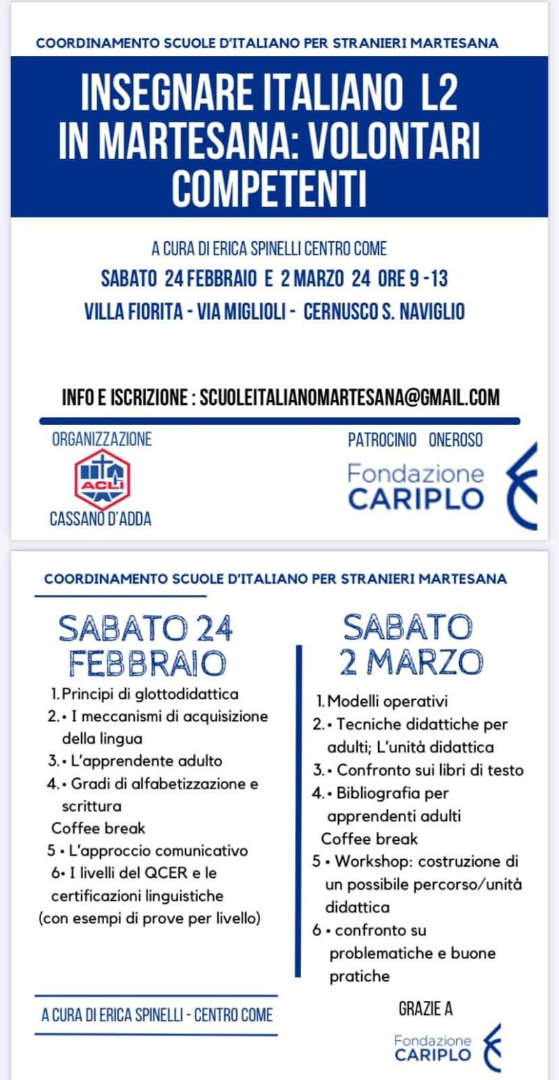 Insegnare Italiano L2 in Martesana: Volontari Competenti - Circolo Acli Cassano d'Adda (MI)