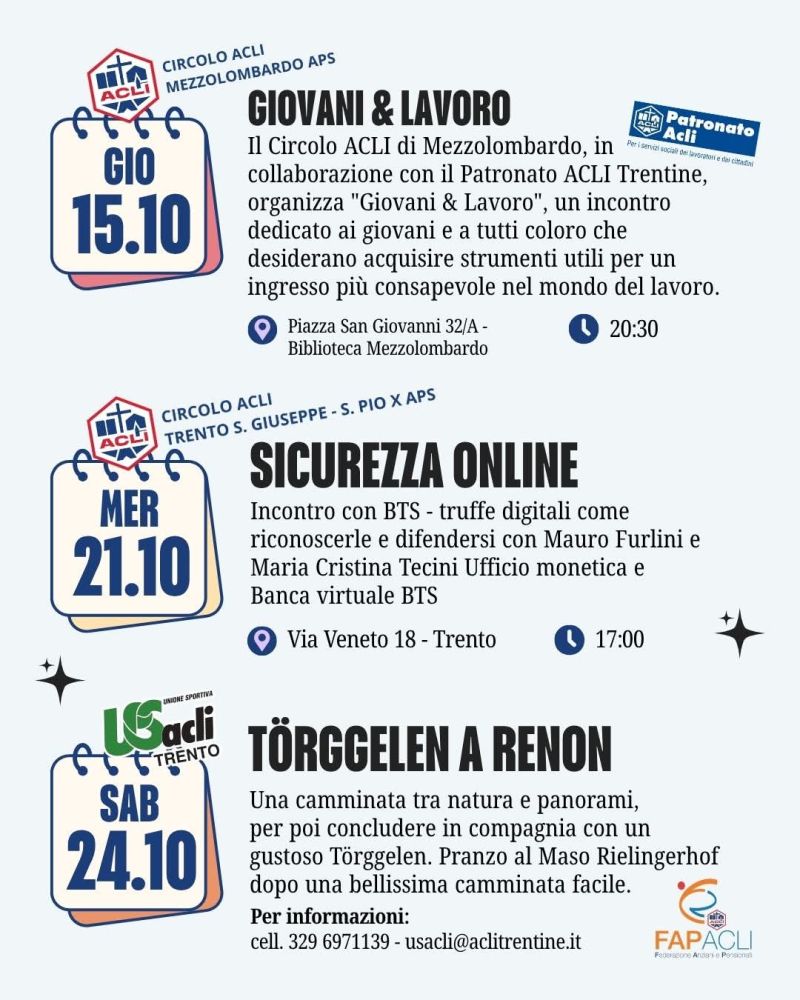 PROGRAMMA ACLI TRENTINE OTTOBRE - TÖRGGELEN A RENON - TRENTO (TN) - US ACLI TRENTO (TN) - FAP ACLI TRENTO (TN)