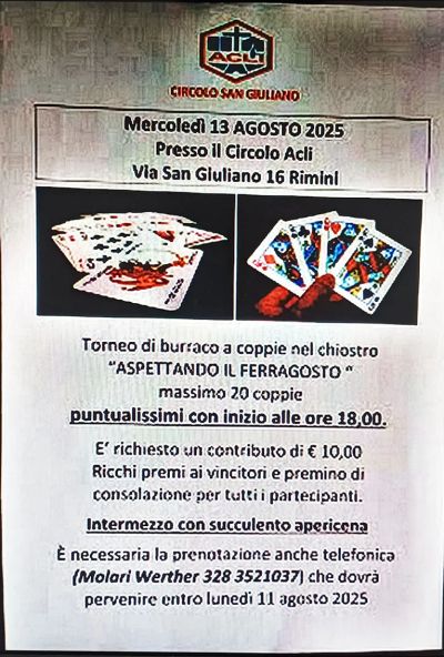 Torneo di burraco a coppie nel chiostro - Rimini - Circolo Acli San Giuliano (RN)