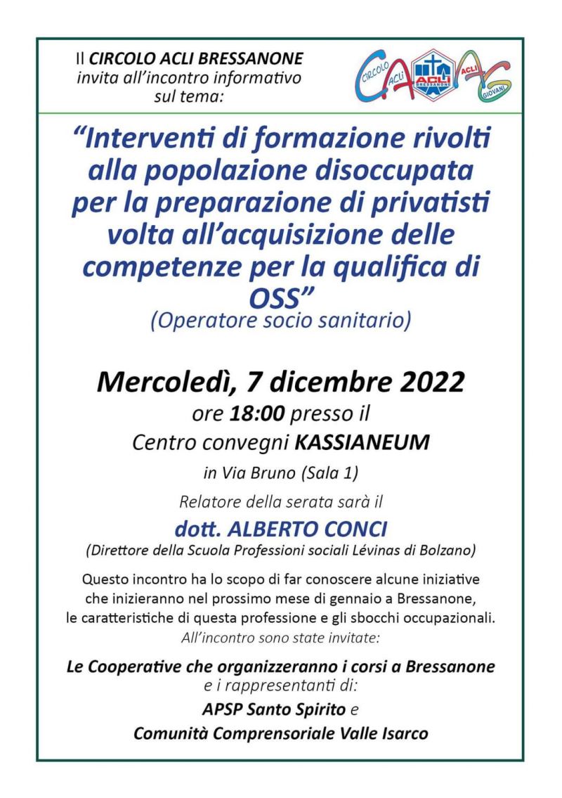 Formazione per la preparazione di privatisti volta all'acquisizione di competenze per la qualifica di OSS - Circolo Acli Bressanone (BZ)