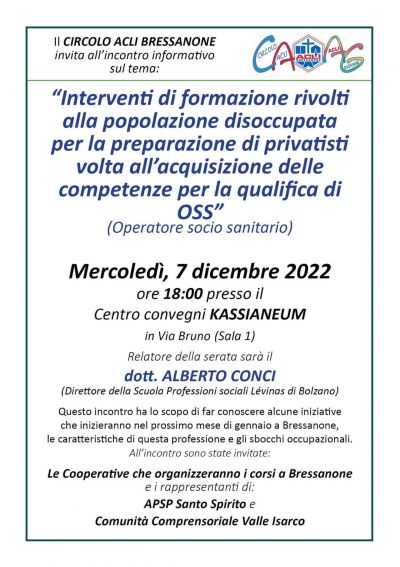 Formazione per la preparazione di privatisti volta all&#039;acquisizione di competenze per la qualifica di OSS - Circolo Acli Bressanone (BZ)
