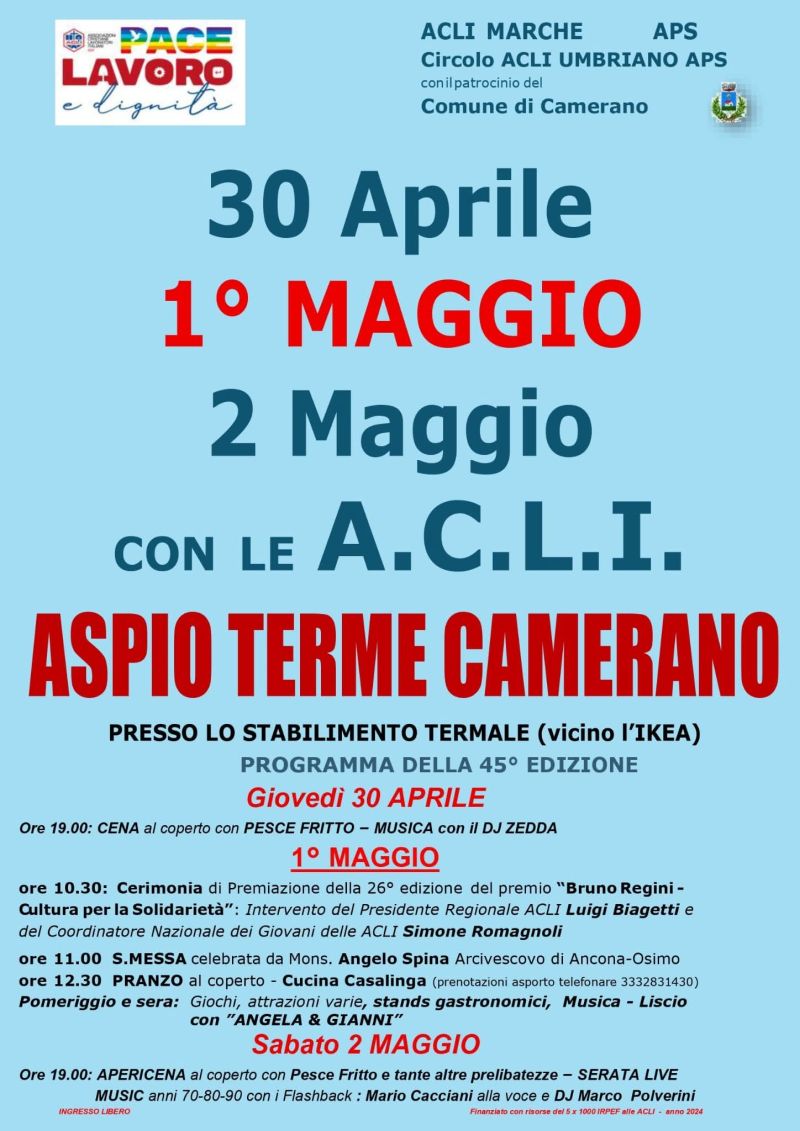 30 APRILE, 1 E 2 MAGGIO CON LE ACLI -  ASPIO TERME CAMERANO