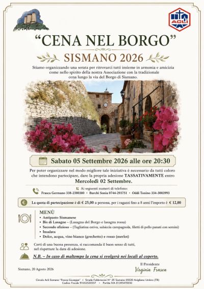 CENA NEL BORGO - SISMANO 2026 - CIRCOLO ACLI SISMANO (TR)