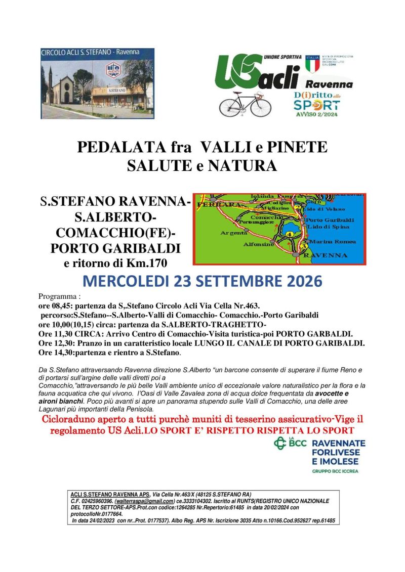 PEDALATE FRA VALLI E PINETE - SALUTE E NATURA - APERTO A TUTTI - PROGRAMMA - RAVENNA (RA) - US ACLI RAVENNA - CIRCOLO ACLI S. STEFANO (RA)