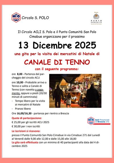 Visite dei mercatini di Natale di Canale di Tenno - Tenno (TN) - Circolo Acli San Polo (BS)
