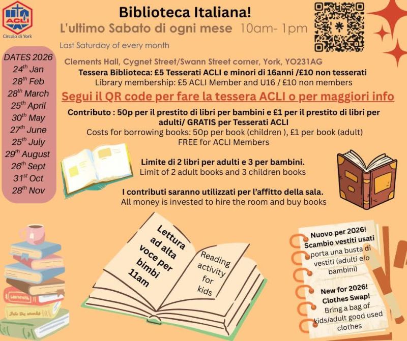 BIBLIOTECA ITALIANA - ULTIMO SABATO DI OGNI MESE - YORK (UK) - CIRCOLO ACLI YORK (UK)