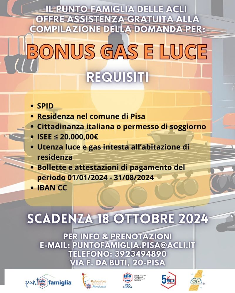 Assistenza Gratuita alla Compilazione della Domanda per Bonus Gas e Luce - Acli Pisa e Lucca (PI)