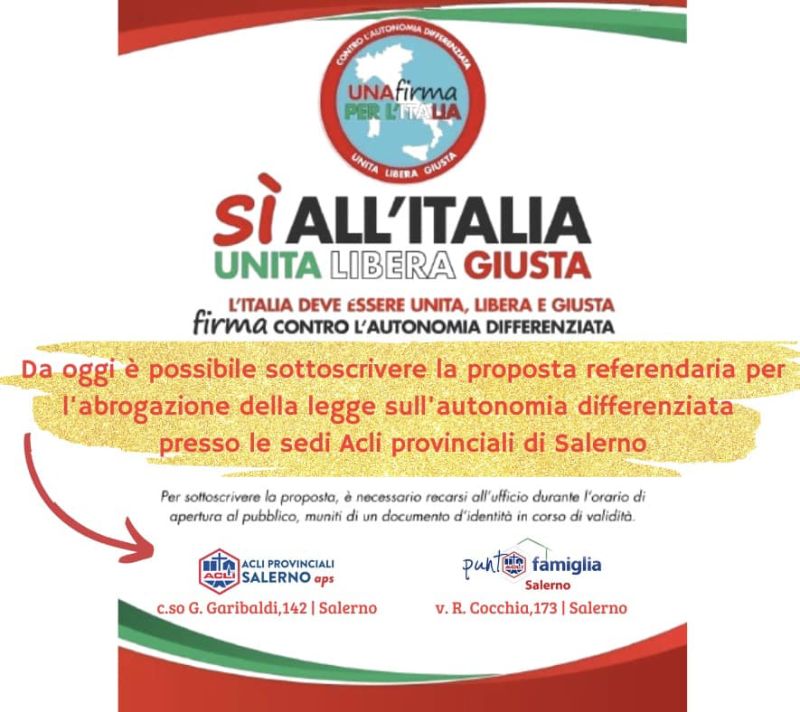 Una firma per l'Italia unita, libera, giusta - Acli Salerno (SA)