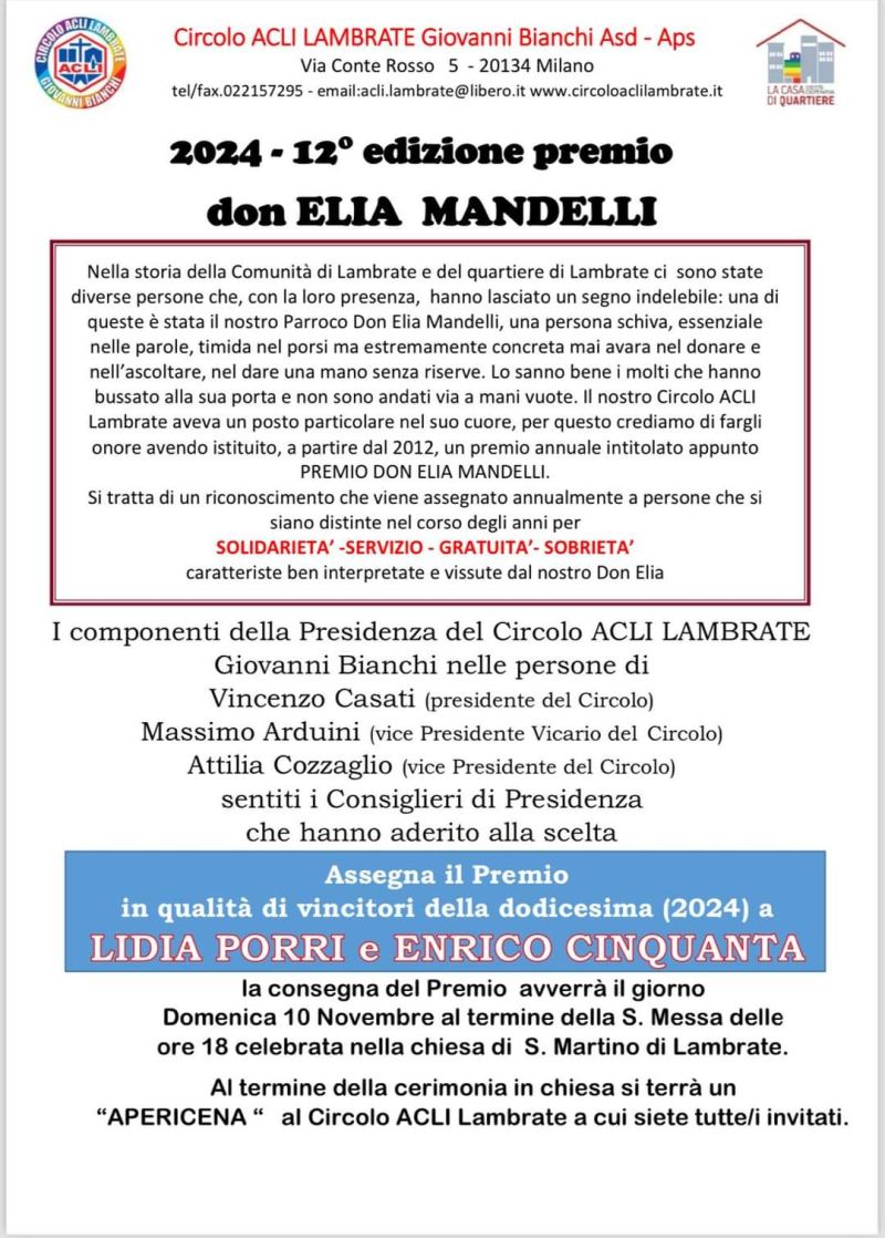 12° edizione premio don Elia Mandelli - Circolo Acli Lambrate (MI)