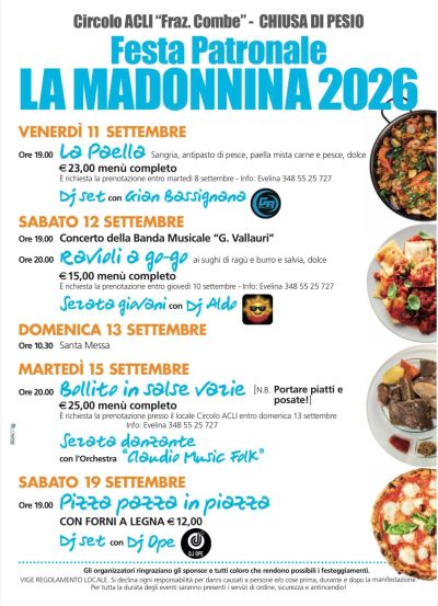 FESTA PATRONALE LA MADONNINA 2026 - CIRCOLO ACLI FRAZIONE COMBE - CHIUSA DI PESIO (CN)