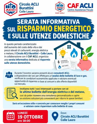 SERATA INFORMATIVA SUL RISPARMIO ENERGETICO E SULLE UTENZE DOMESTICHE - CAF ACLI - CIRCOLO ACLI BURATTINI (AN) - CAMERANO (AN)
