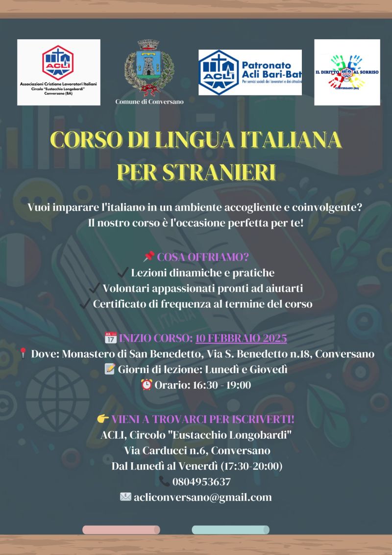 Corso di lingua italiana per stranieri - Circolo Acli Conversano e Circolo Acli "Il diritto al sorriso" (BA)