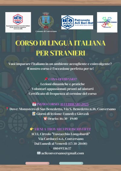Corso di lingua italiana per stranieri - Circolo Acli Conversano e Circolo Acli "Il diritto al sorriso" (BA)