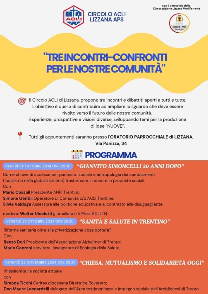 Tre Incontri-Confronti per le Nostre Comunità - Circolo Acli Lizzana (TN)