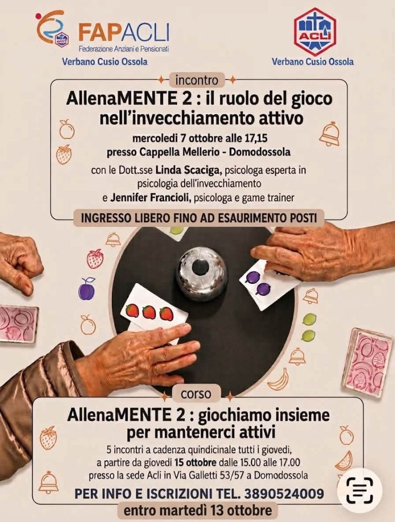 AllenaMENTE 2 - CORSO - GIOCHIAMO INSIEME PER MANTENERCI ATTIVI -  DOMODOSSOLA (VB) - FAP ACLI VERBANO CUSIO OSSOLA (VB) - ACL VERBANO CUSIO OSSOLA (VB)