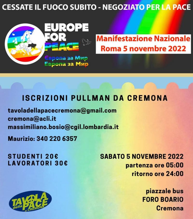 Pullman per la manifestazione Nazionale per la Pace - Acli Cremona (CR)