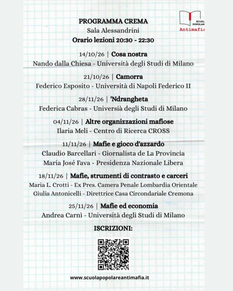 SCUOLA POPOLARE ANTIMAFIA VI EDIZIONE - PROGRAMMA CREMA - BRESCIA BERGAMO VARESE CREMA - CIRCOLO ACLI CREMA (CR) - ACLI VARESE (VA)