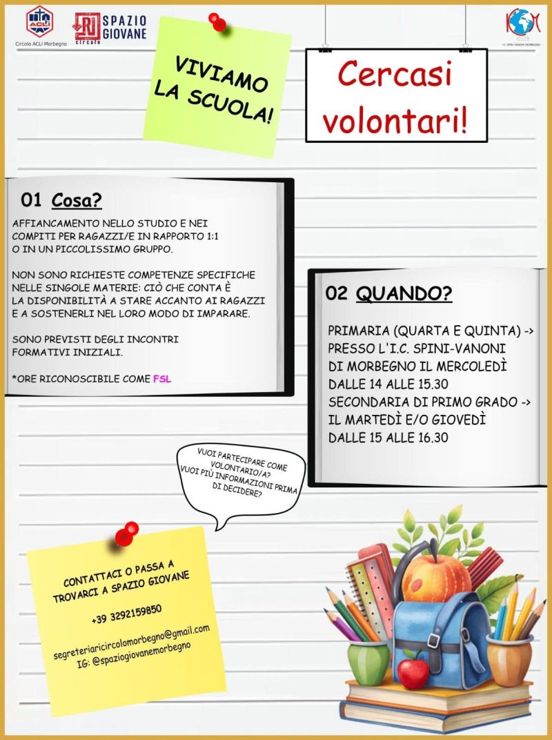 VIVIAMO LA SCUOLA - CERCASI VOLONTARI - MORBEGNO (SO) - CIRCOLO ACLI MORBEGNO (SO)