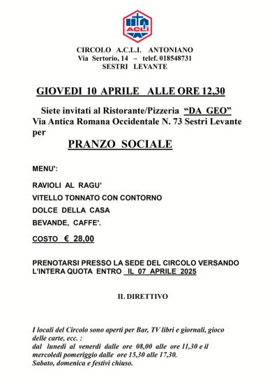 Pranzo sociale - Sesto Levante (GE) - Acli Antoniano (GE)