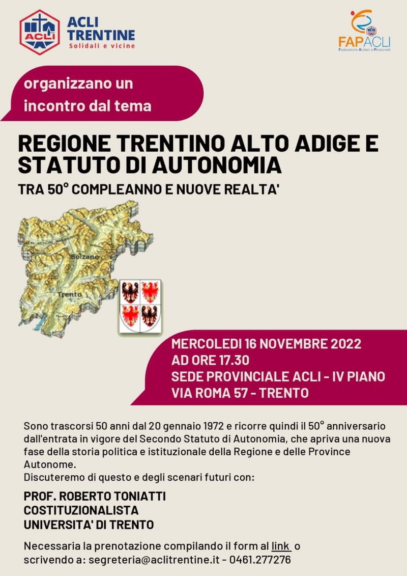 Regione Trentino Alto Adige e Statuto di Autonomia: Tra 50° compleanno e nuove realtà - Acli Trentine (TN)