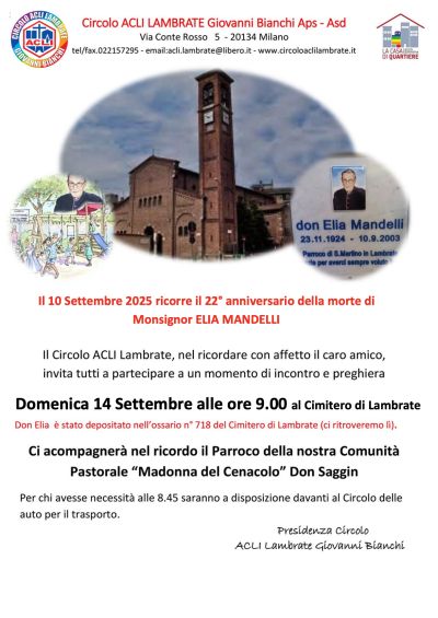 22° anniversario della morte di Monsignor Elia Mandelli - Lambrate (MI) - Circolo Acli Lambrate (MI)