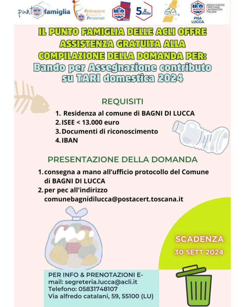 Assistenza gratuita per la compilazione della domanda per il Bando per Assegnazione contributo su TARI domestica 2024 - Acli Pisa e Lucca (PI)