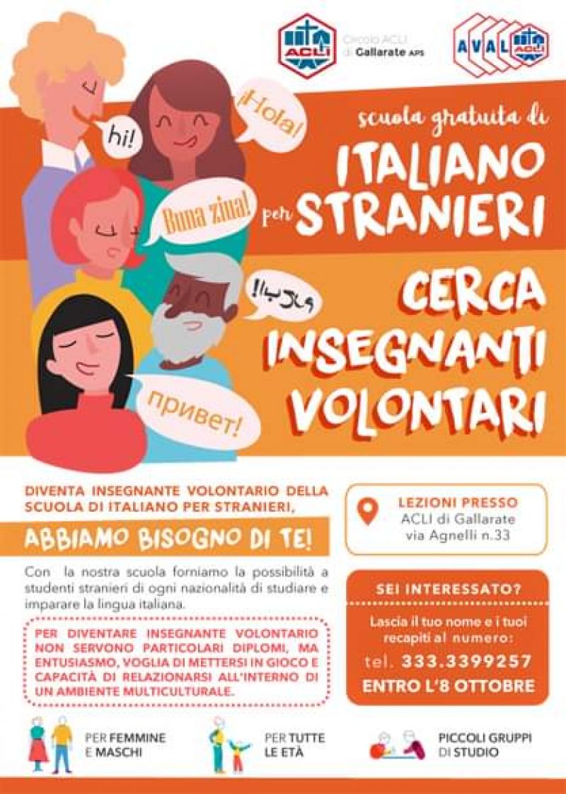 Scuola gratuita di italiano per stranieri cerca insegnanti volontari - Circolo Acli Gallarate (VA)