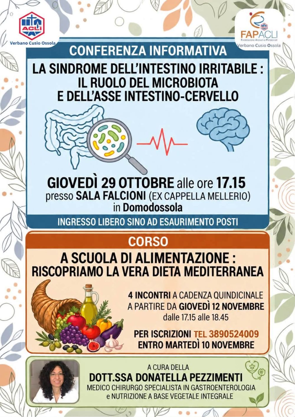 CORSO - A SCUOLA DI ALIMENTAZIONE: RISCOPRIAMO LA VERA DIETA MEDITERRANEA - 4 INCONTRI A CADENZA QUINDICINALE -DOMODOSSOLA (VB) - ACLI VERBANO CUSIO OSSOLA (VB) - FAP VERBANO CUSIO OSSOLA (VB)