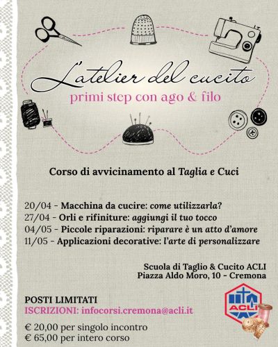L'ATELIER DEL CUCITO, PRIMI STEP CON AGO E FILO - CREMONA