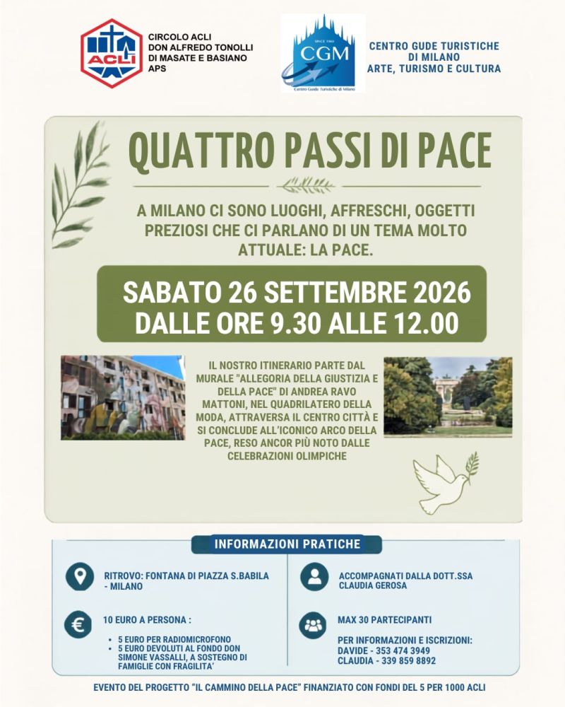 QUATTRO PASSI DI PACE - LUOGHI, AFFRESCHI, OGGETTI PREZIOSI CHE CI PARLANO DI PACE - MILANO - CIRCOLO ACLI MASATE E BASIANO (MI)