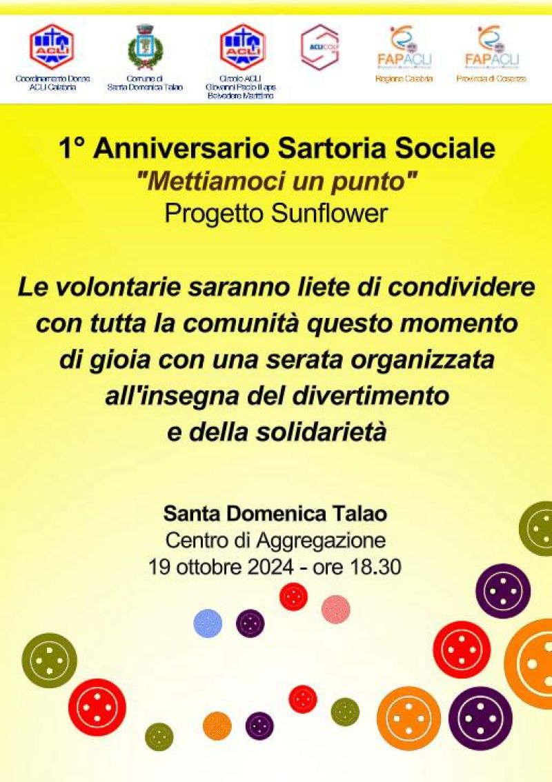 1° Anniversario Sartoria Sociale "Mettiamoci un punto" - Coordinamento donne Acli Cosenza e Circolo Acli Belvedere Marittimo (CS)