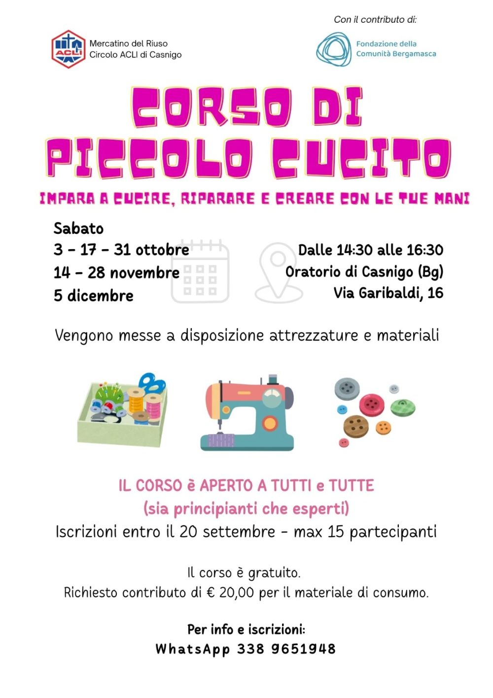 CORSO DI PICCOLO CUCITO - CASNIGO (BG) - CIRCOLO ACLI DI CASNIGO (BG)