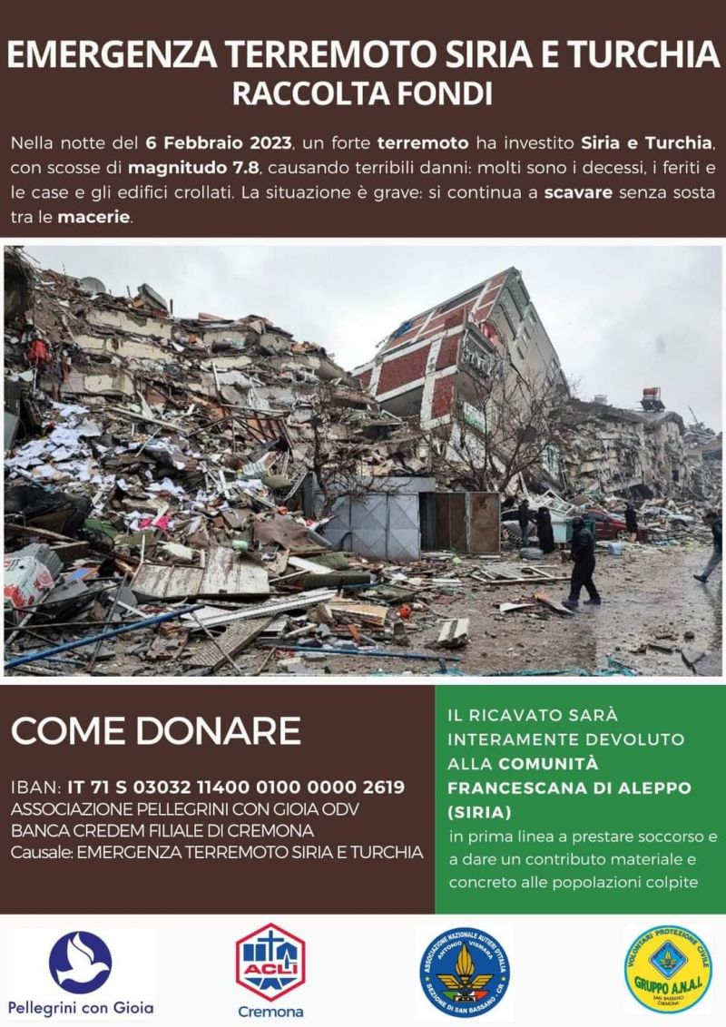 Raccolta fondi: Emergenza terremoto Siria e Turchia - Acli Cremona (CR)