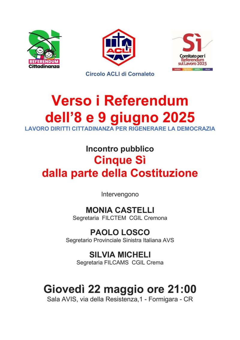 Verso i Referendum dell'8 e 9 giugno 2025 - Circolo Acli Cornaleto (CR)