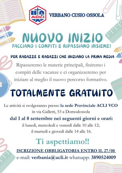 Nuovo Inizio: Facciamo i compiti e ripassiamo insieme - Domodossola - Acli Verbano Cusio Ossola (VB)