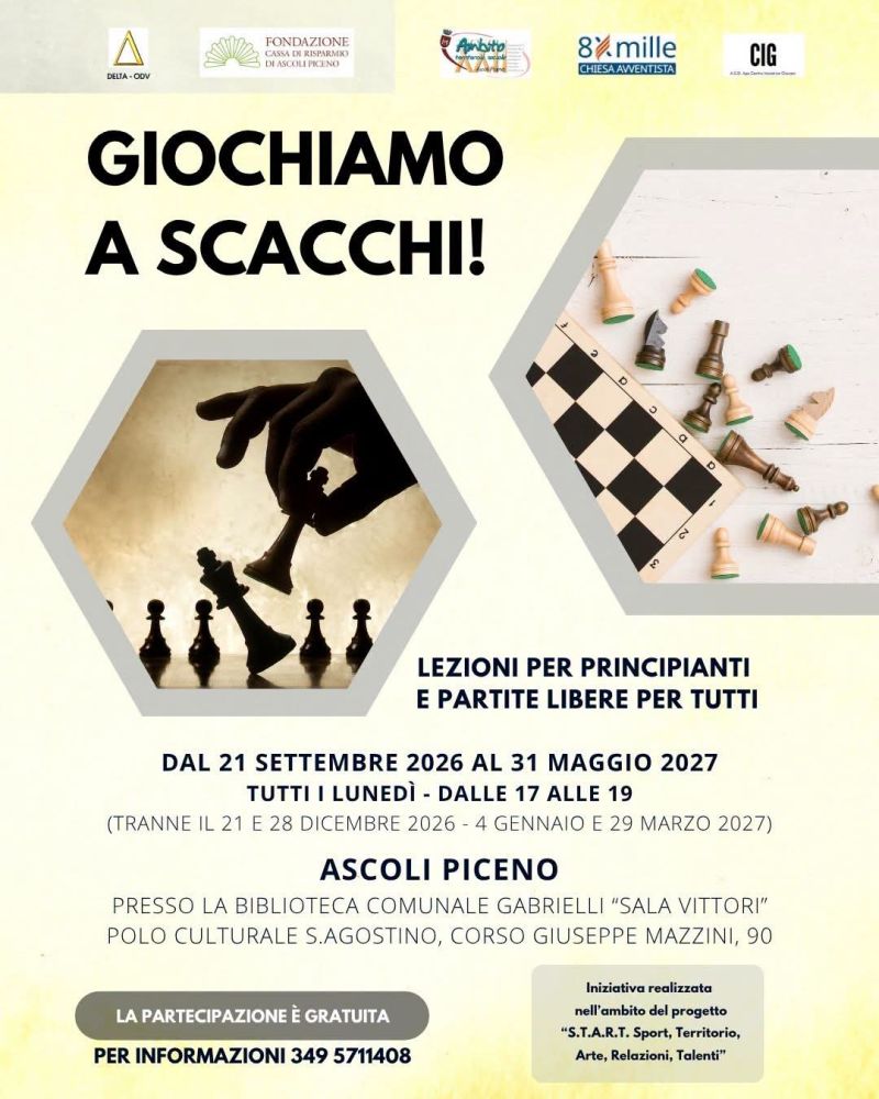 GIOCHIAMO A SCACCHI! - DAL 21 SETTEMBRE 2026 AL 31 MAGGIO 2027 - LEZIONI PER PRINCIPIANTI E PARTITE LIBERE PER TUTTI - ASCOLI PICENO (AP) - US ACLI MARCHE