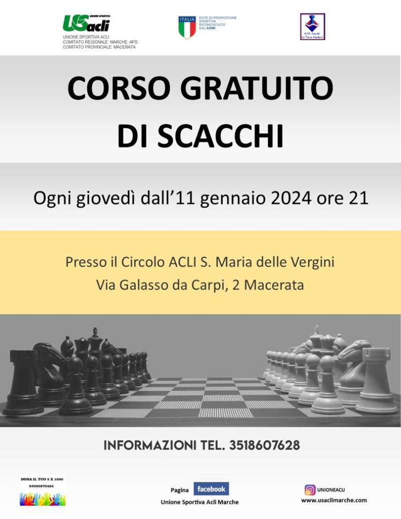 Corso Gratuito di Scacchi - US Acli Marche e Circolo Acli Santa Maria delle Vergini (MC)