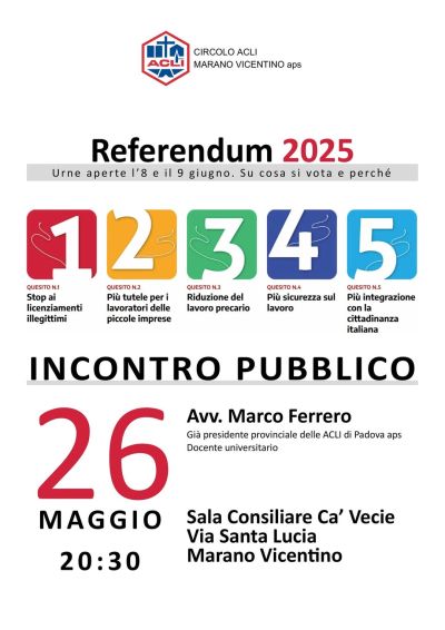 Referendum 2025: Incontro pubblico - Circolo Acli Marano Vicentino (VI)